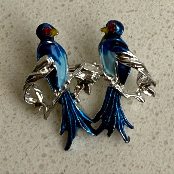 Vintage Blue Lovebirds Brooch Pin Silver Tone Enamel - Picture 3 of 7